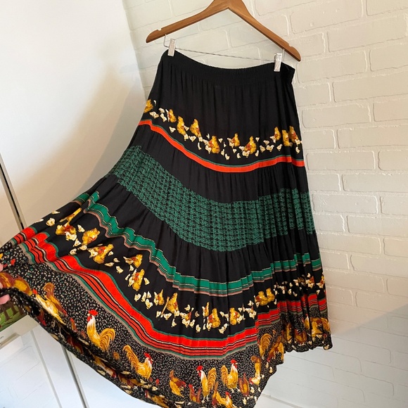 Vintage Carole Little Petites Novelty skirt Hen Chicken Black Kelly green 18 - Picture 9 of 15